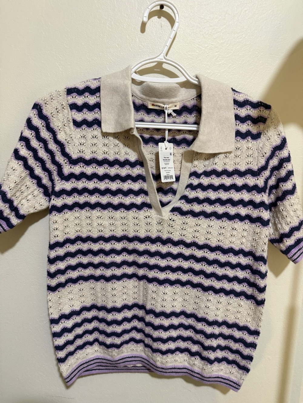 Marine Layer Cream & Purple Wave-Striped Knit Polo